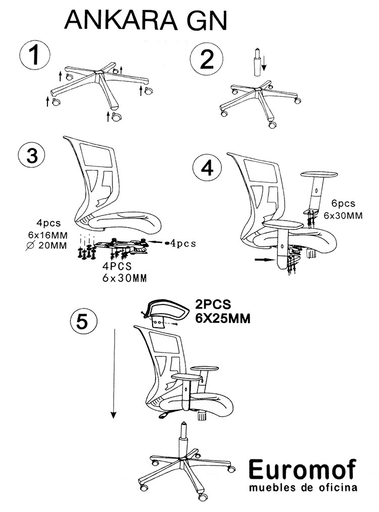 Hoja de instrucciones del montaje de la silla de oficina ergonómica Ankara.